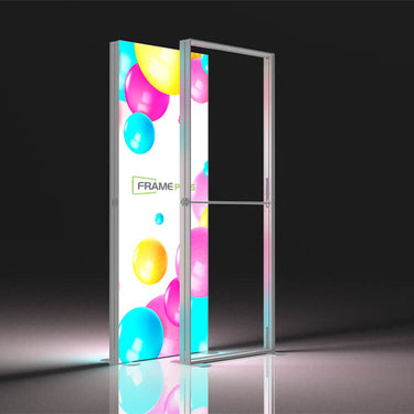 1000 mm-wide SEG LED backlit display; silicone-edge graphic, snap-together aluminum frame, 16.8 kg total, even LED brightness.
