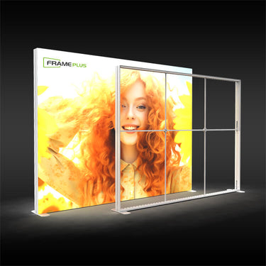 FramePlus 3 m-wide backlit exhibition lightbox, SEG silicone-edge tension, modular sections click together, OSRAM LED array, USA warehouse.