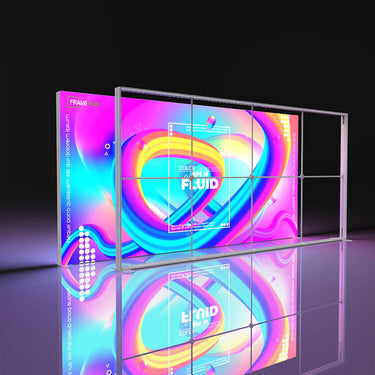 FramePlus 4 m LED backlit display wall; SEG fabric, modular frame, 120 mm profile, uniform illumination, reusable for multiple events.