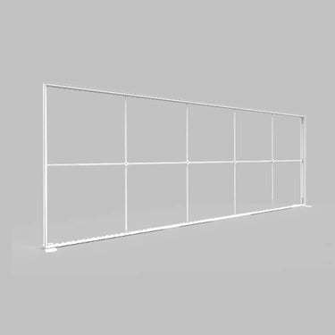 5-meter SEG backlit wall with silicone edges and stretch fabric, modular frame support rods, 30% lighter than standard frames, and uniform LED illumination.