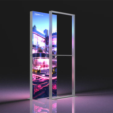 FramePlus 0.85 m LED backlit lightbox, SEG silicone-edge graphic, tool-free push-fit frame, lightweight modular build, 48 h USA shipping.