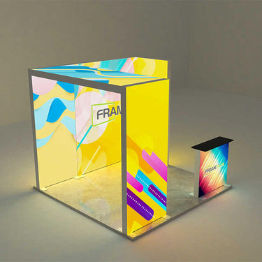 LED exhibition booth 3×3, tension fabric build, silicone-edge dye-sub print, California shipping.