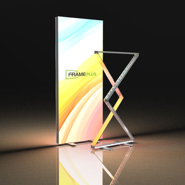 FramePlus folding backlit exhibition lightbox, silicone-edge fabric, 60-second pop-up, trade-show booth glow.