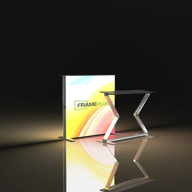 FramePlus fold-flat backlit promo table, SEG fabric skirt, bright countertop, ideal for sampling events.
