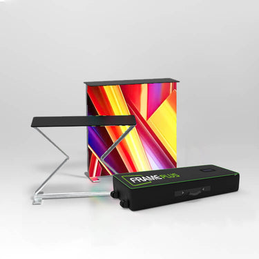Exhibition scene: folding backlit table displaying product demos, even glow, draws foot traffic.