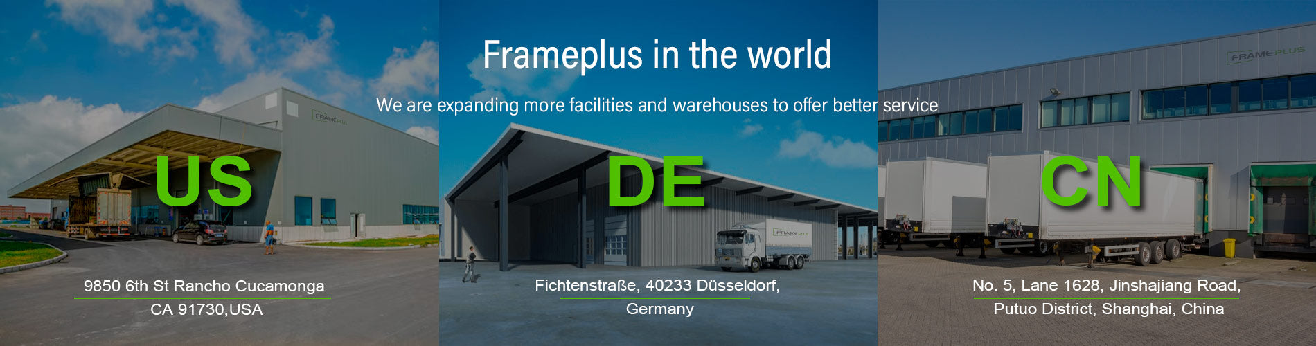 Frame Plus global facilities in US Germany and China with local warehouse dispatch for fast shipping