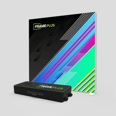 FramePlus 2×2 m trade-show LED lightbox; double-sided SEG backlit graphic, modular lightweight frame, uniform daylight LEDs, no tools required.