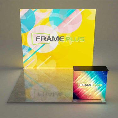 Front corner view of 3×3 ft FramePlus L-shaped SEG backlit lightbox, silicone-edge wings, expo corner.