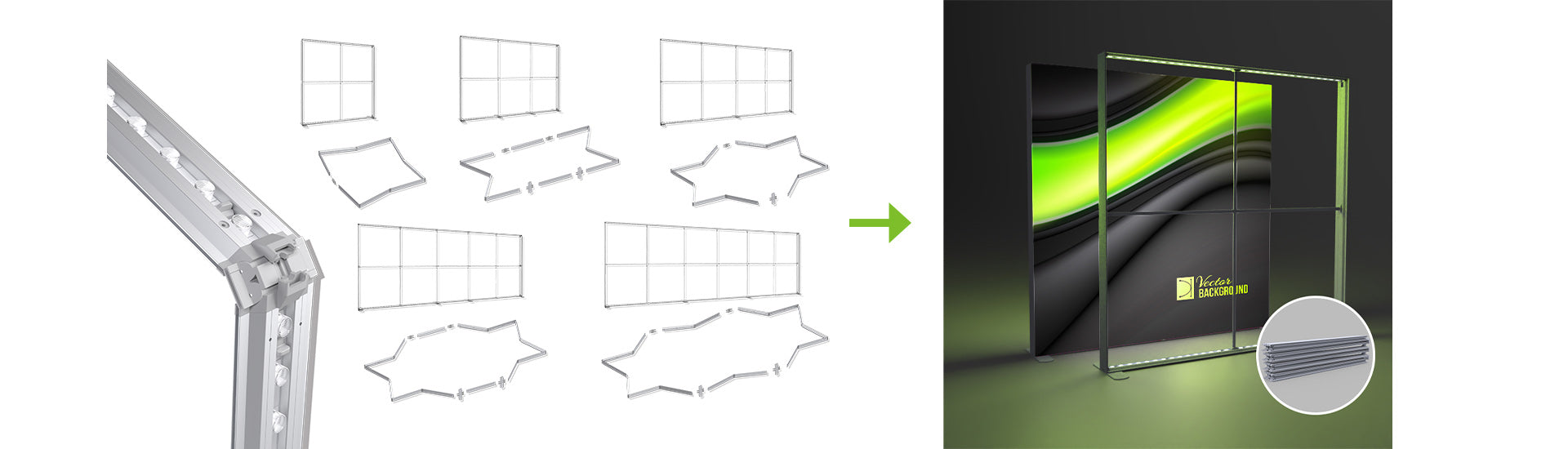Oversized collapsible display wall system with nested flat-stack storage for transport