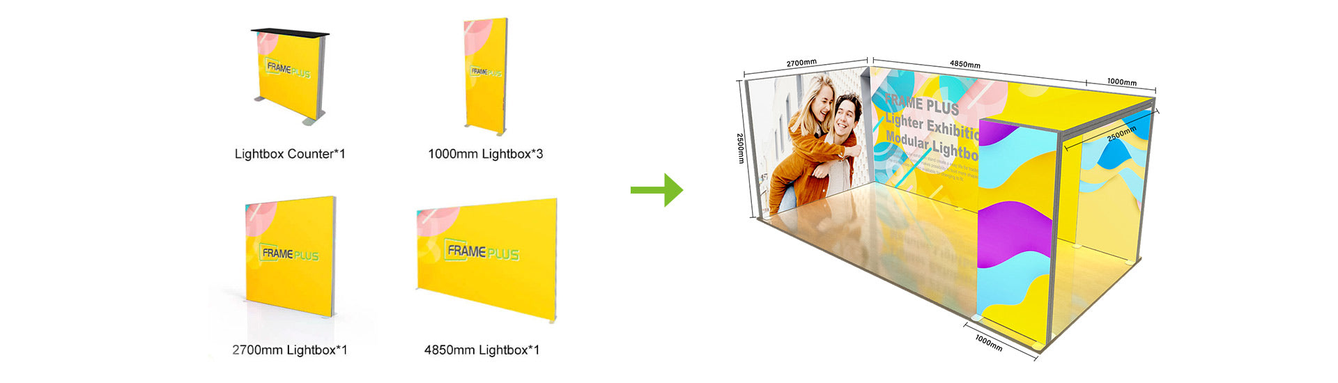 Modular lightbox kit with mix-and-match panels in 1000mm, 2700mm and 4850mm sizes