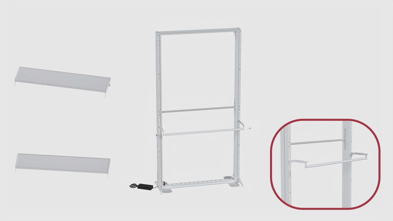 SEG lightbox display shelf accessory assembly tutorial, modular booth frame shelf bracket installation