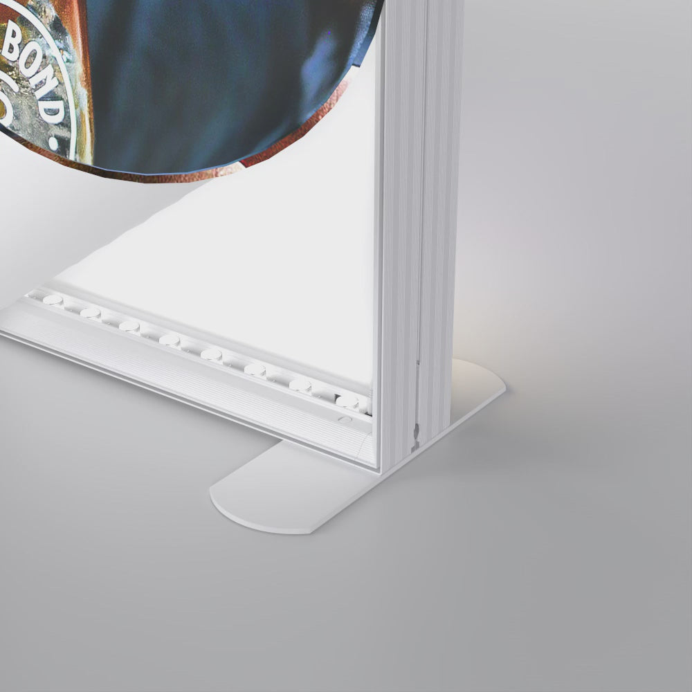 Backlit Tower Graphic Installation — SEG Fabric Banner Insertion into LED Lightbox Frame, Exhibition Display Assembly